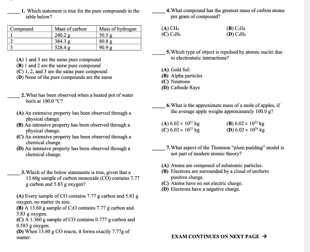 1. Which statement is true for the pure compounds in the