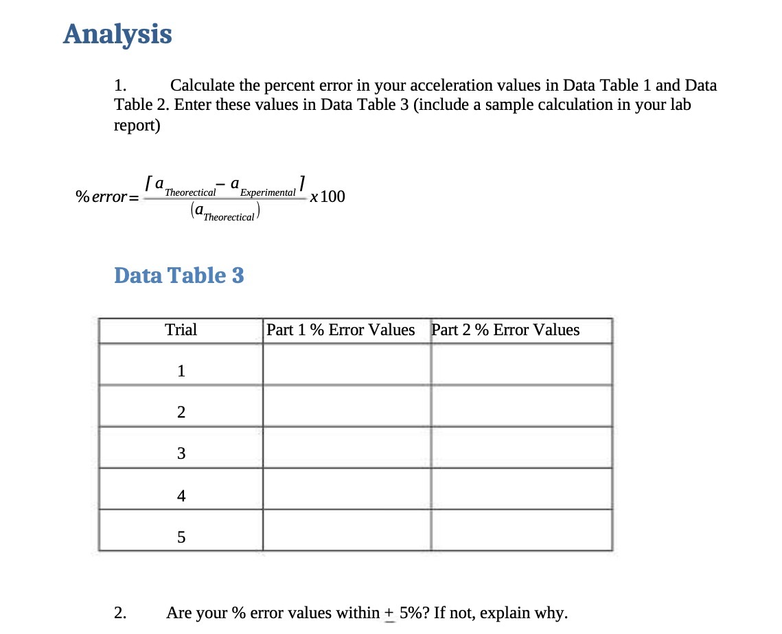 Analysis 1. Calculate the percent error in your acceleration values 1n