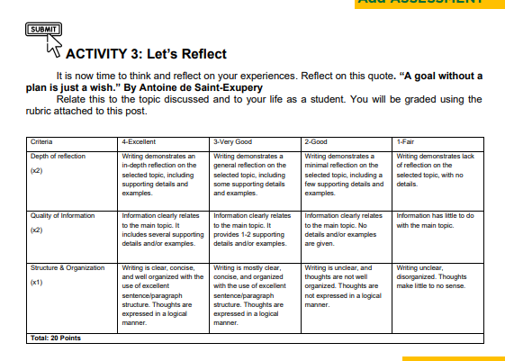 answer this in at l3ast 4OO wrds. SUBMIT ACTIVITY 3: Let's Reflect