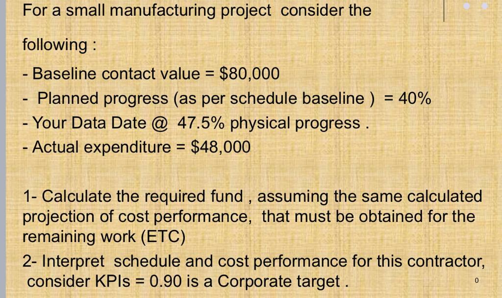  For a small manufacturing project consider the following : - Baseline