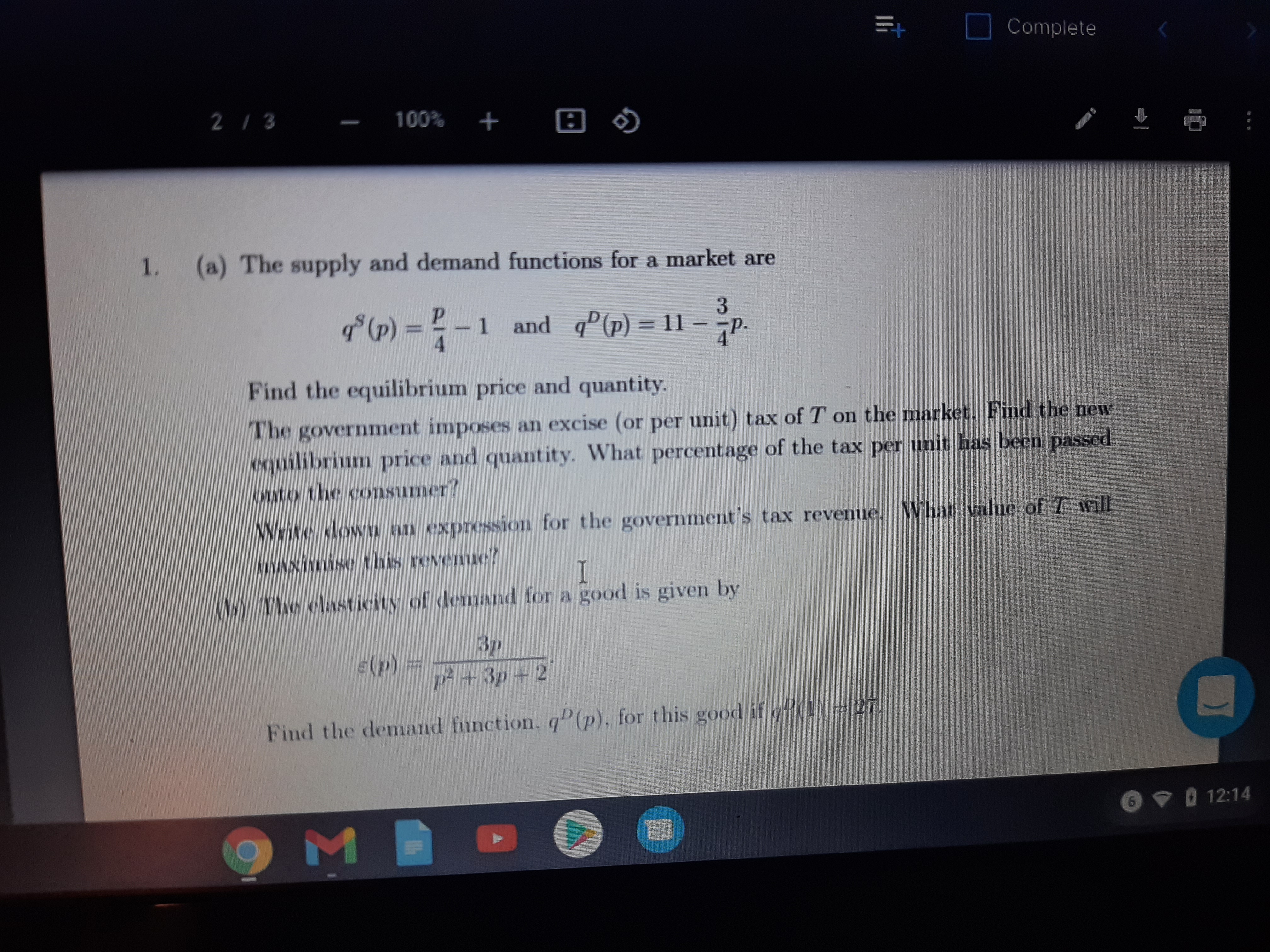 Mathematics. E+ Complete 2 / 3 100% + 1. (a) The supply