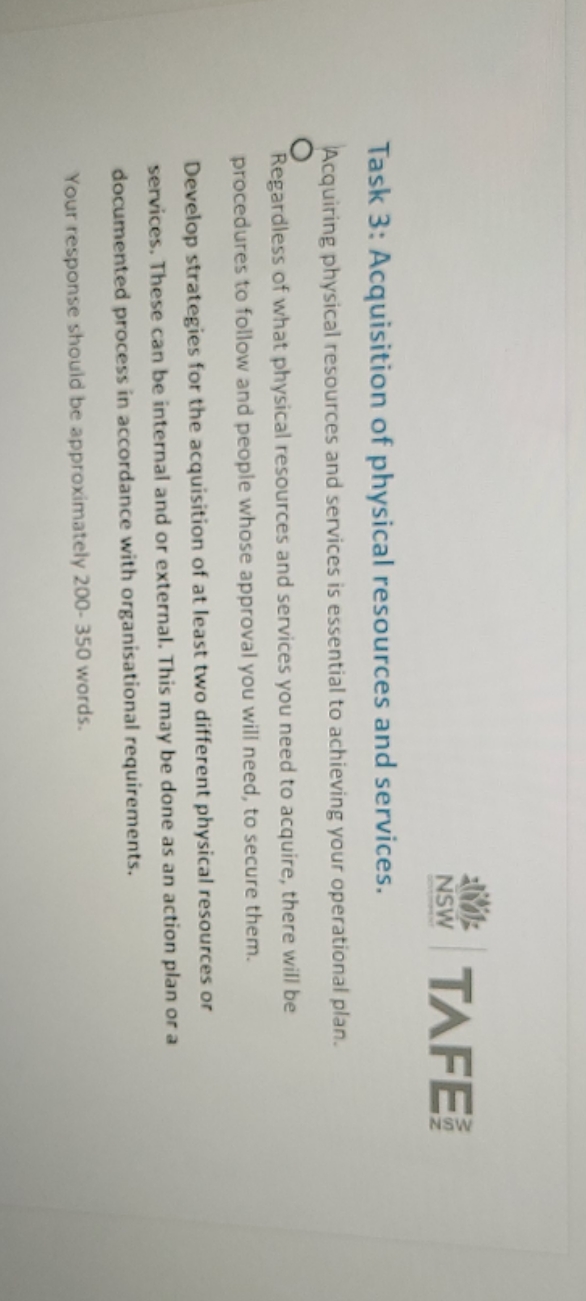 please answer full 200 to 350 words NSW TAFE Task 3: Acquisition