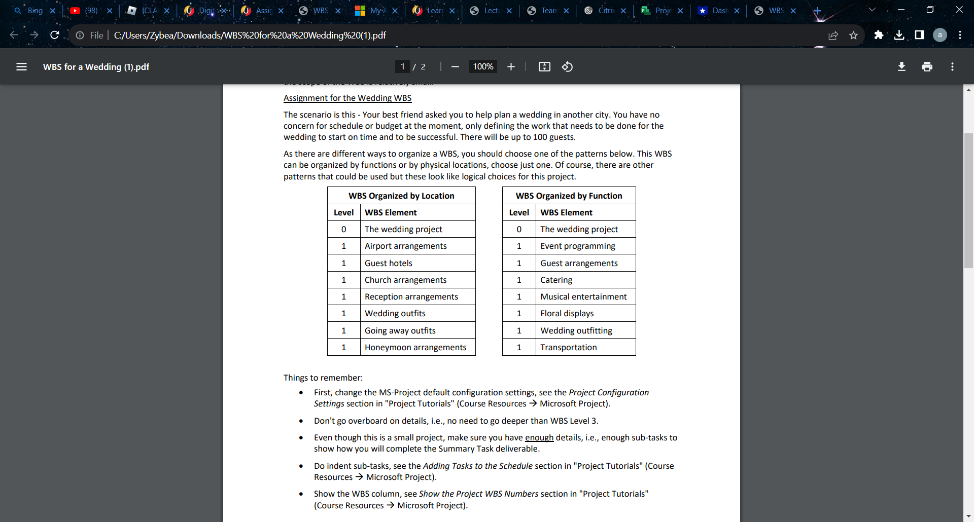 Need assistance in building a Work Breakdown Structure for a Wedding in