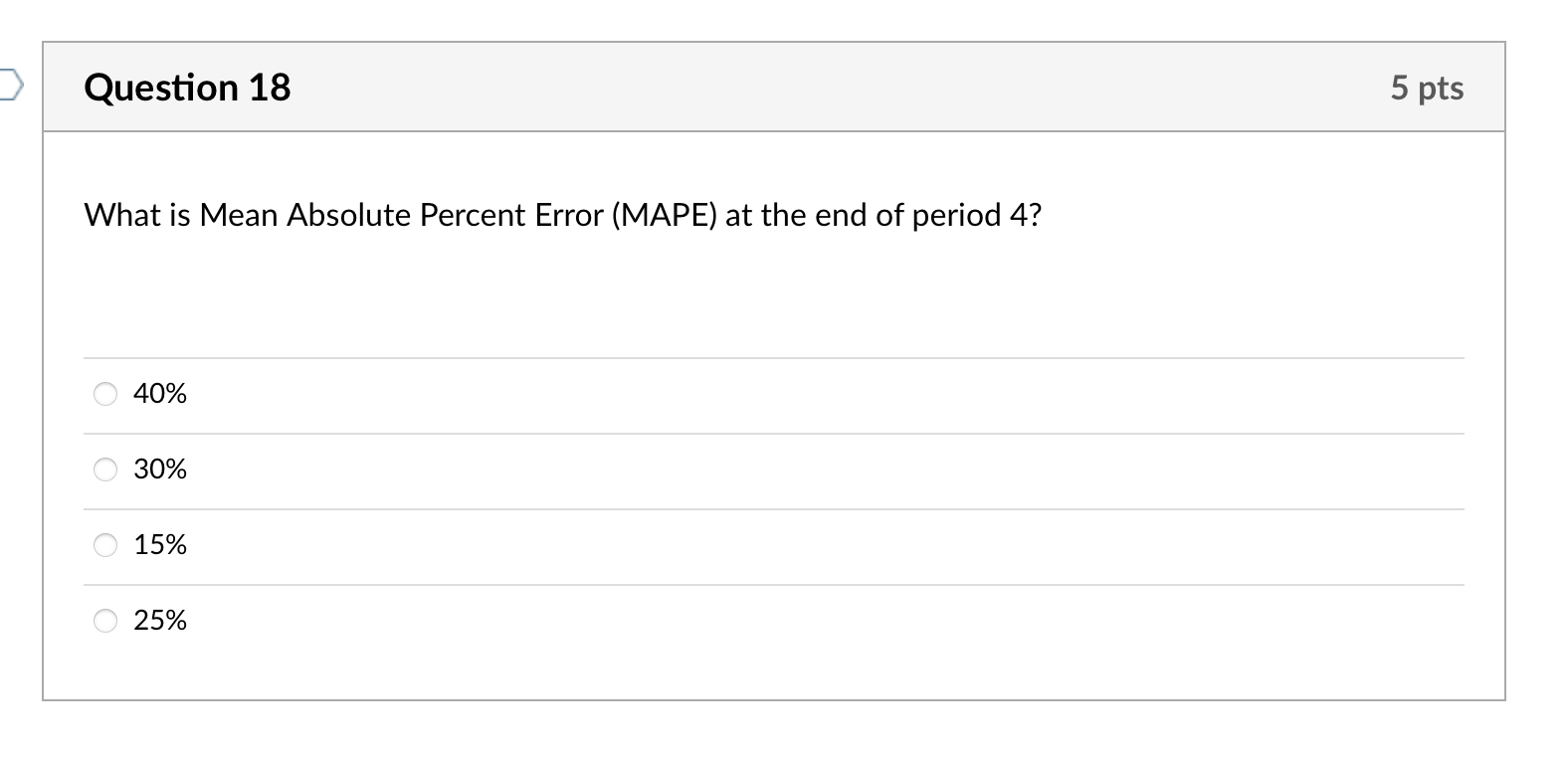  Question 18 5 pts What is Mean Absolute Percent Error (MAPE)
