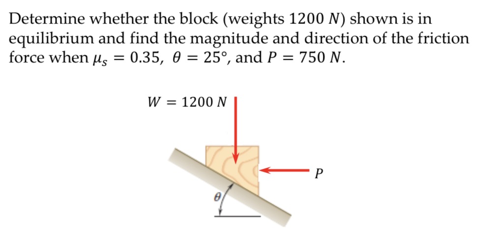  Determine whether the block (weights 1200 N) shown is in equilibrium