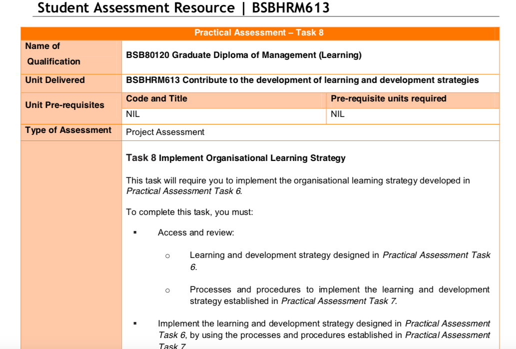  Student Assessment Resource | BSBHRM613 Practical Assessment - Task 8 Name