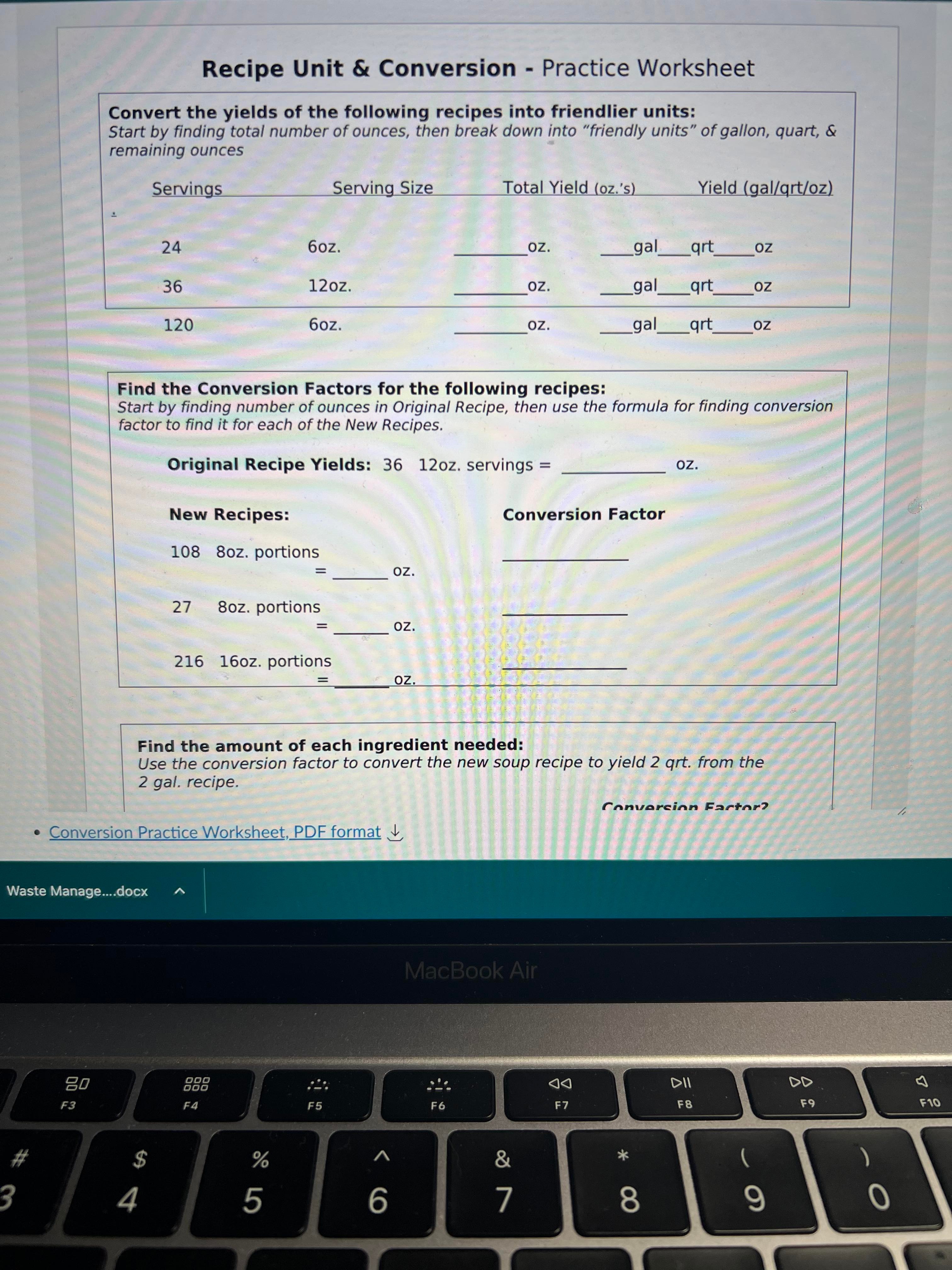  Recipe Unit & Conversion - Practice Worksheet Convert the yields of