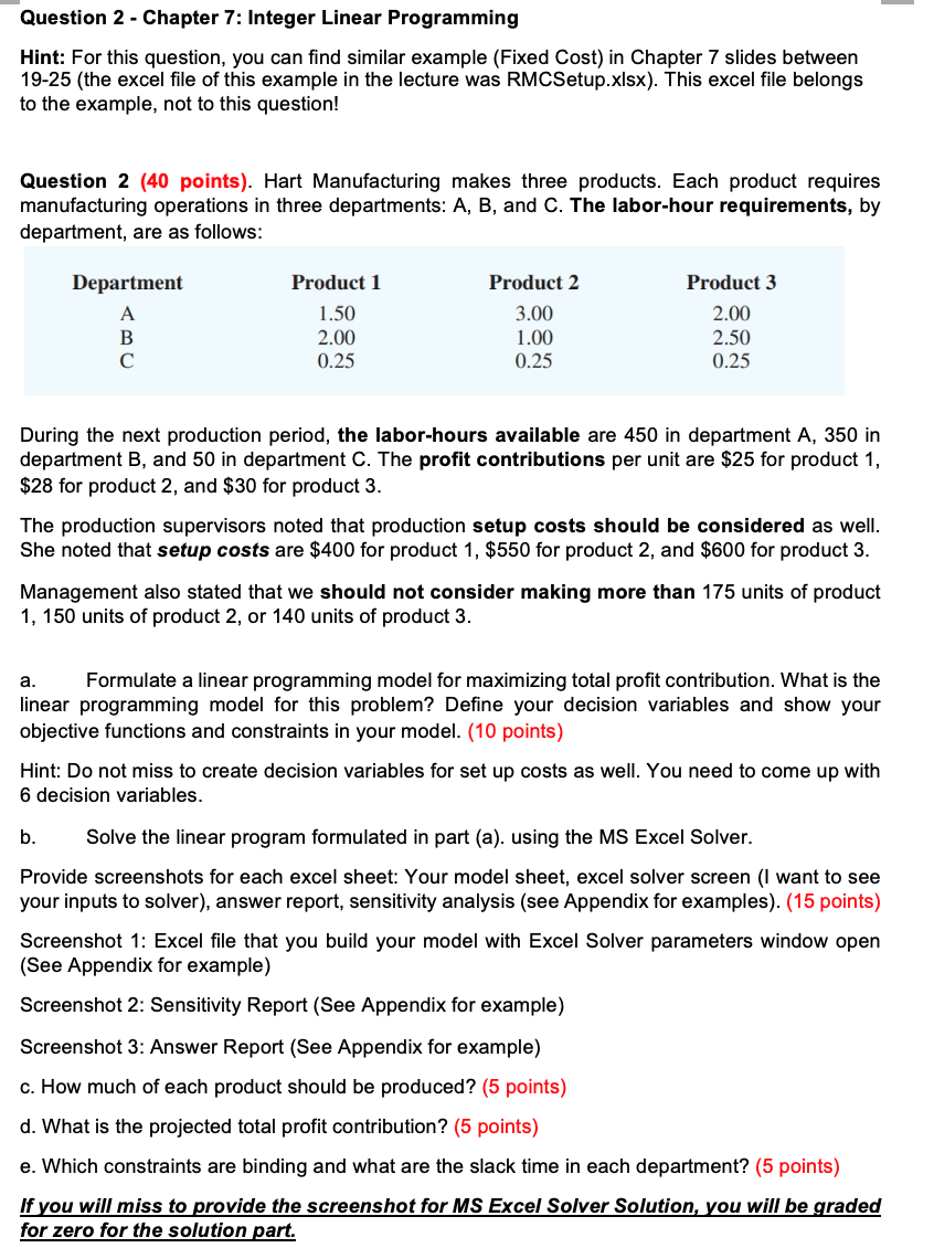  Question 2 - Chapter 7: Integer Linear Programming Hint: For this