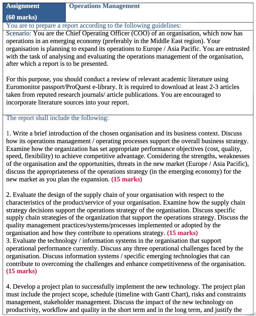 Assignment Operations Management (60 marks) You are to prepare a report