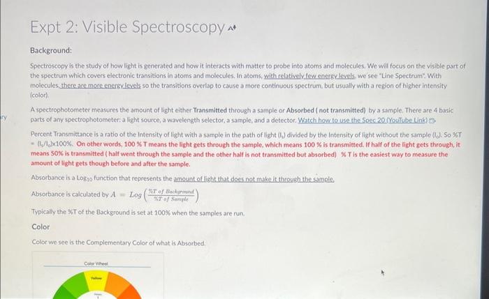 Calculation & Discussion Question Answers Please!!! Background: Spectroscopy is the study of