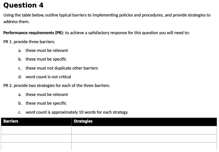 Question 4 Using the table below, outline typical barriers to implementing