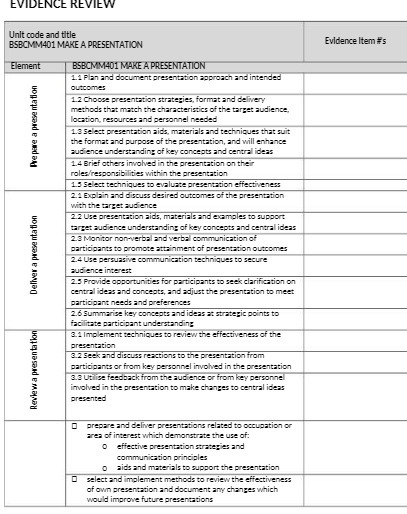 EVIDENCE REVIEW Unit code and title BSBCMM401 MAKE A PRESENTATION Evidence