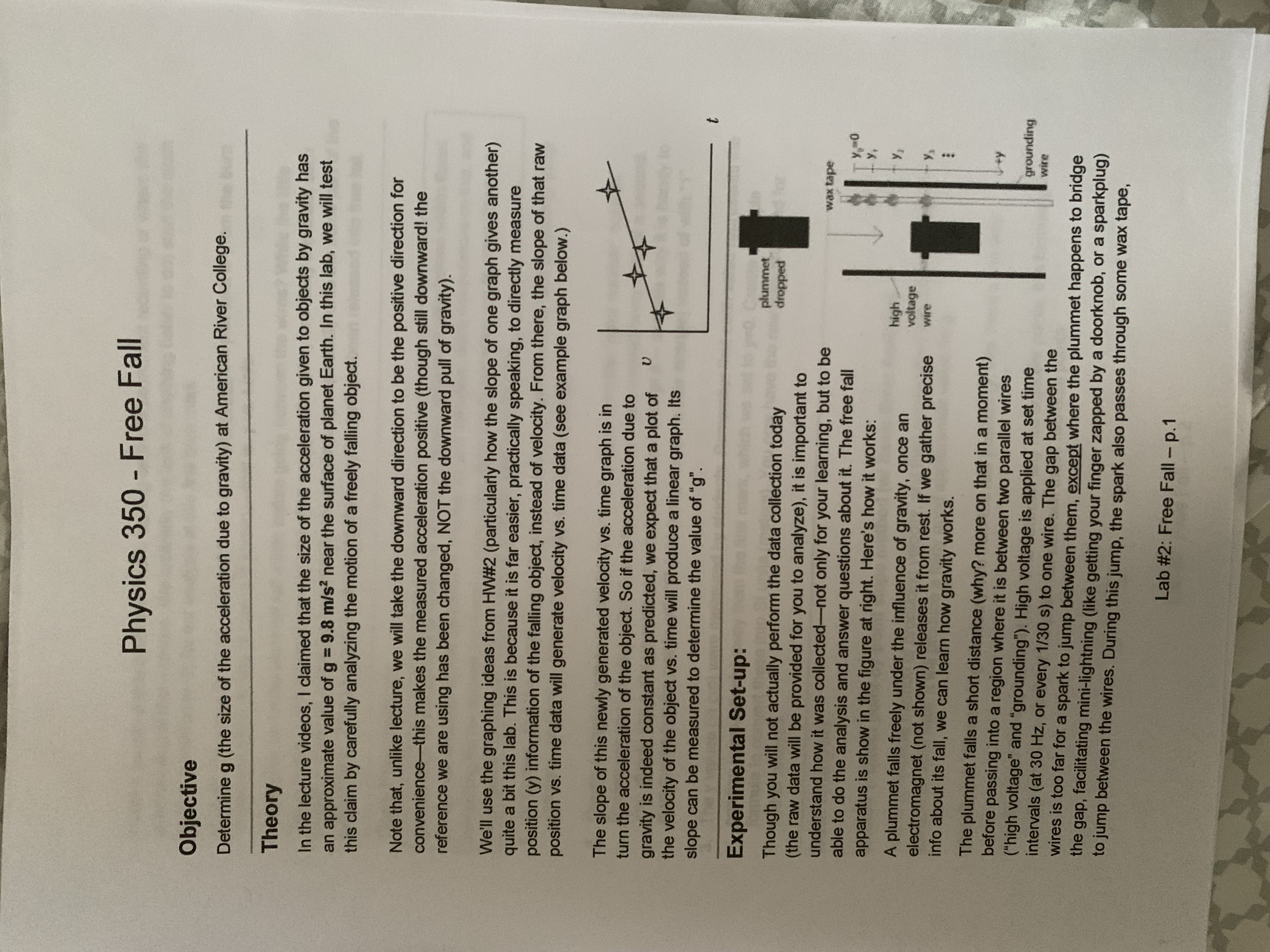 Physics 350 - Free Fall Objective Determine g (the size of