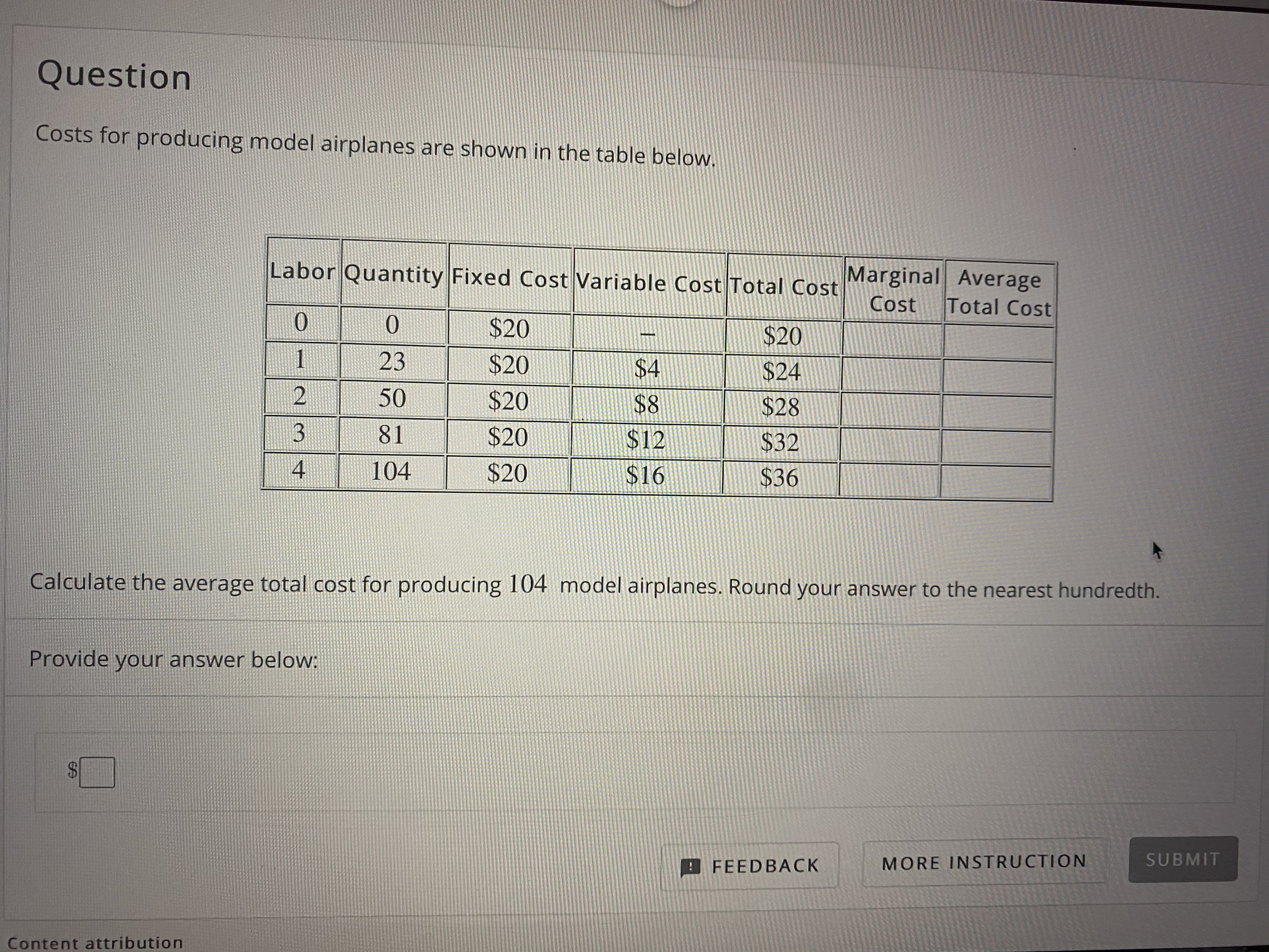 Find the average total cost for producing 104 model airplanes. Question Costs
