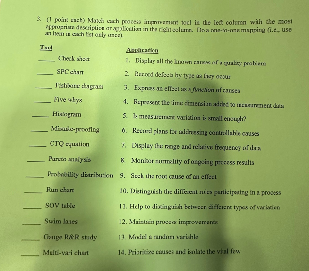 3. (1 point each) Match each process improvement tool in the