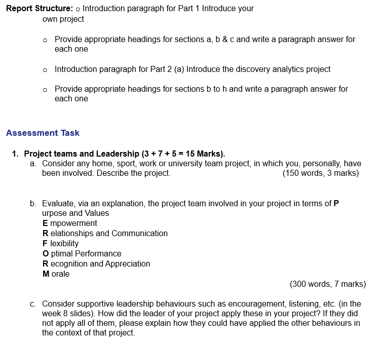  Report Structure: (3- Introduction paragraph for Part '1 Introduce your own