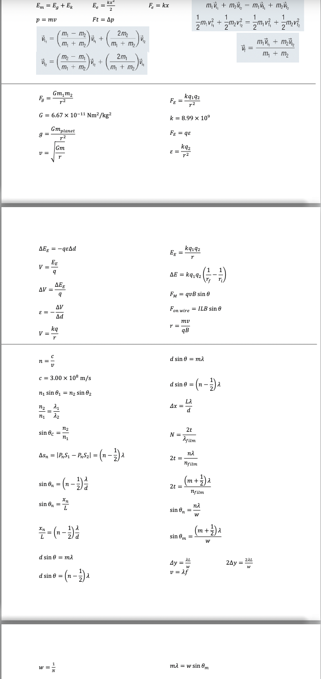 Answer the question using the formulas provided Em = Eg + Ek
