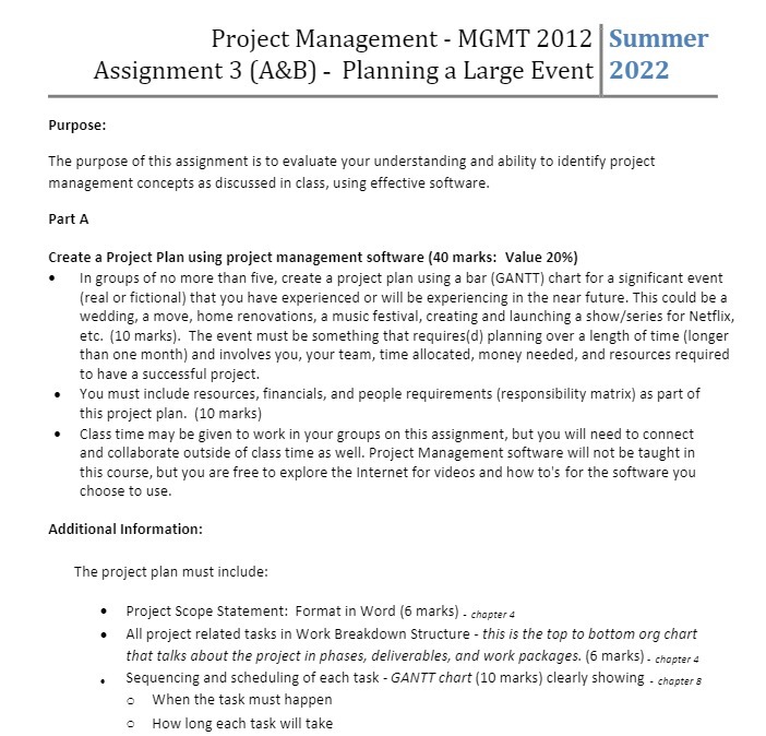 Project Management - MGMT 2012 Summer Assignment 3 (A&B) - Planning