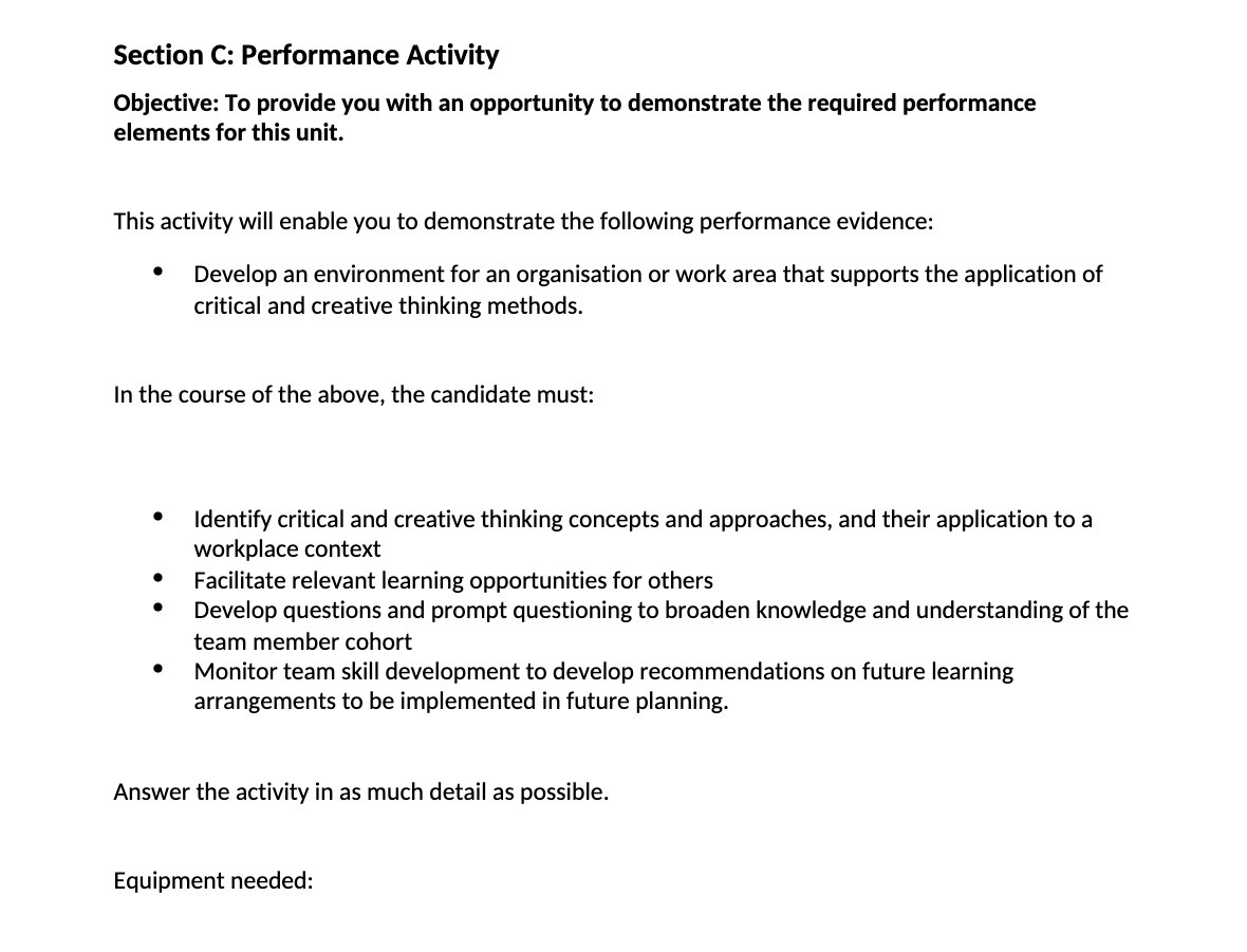  Section C: Performance Activity Objective: To provide you with an opportunity