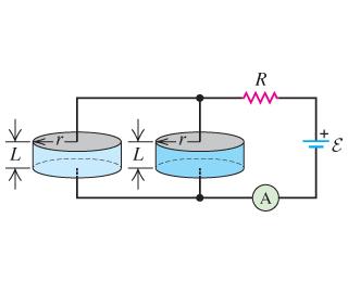 Two cylindrical cans with insulating sides and conducting end caps are filled