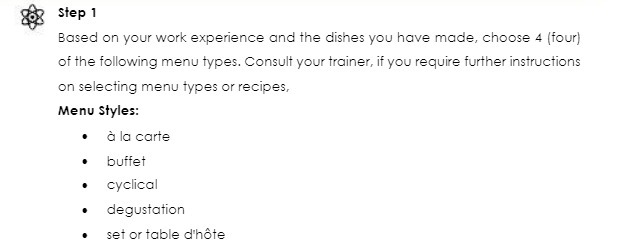  Step 1 Based on your work experience and the dishes you