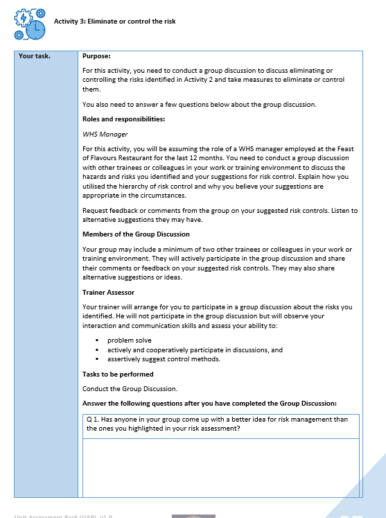 Activity 3: Eliminate or control the risk Your task. Purpose: For