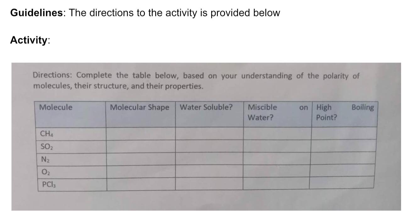  Guidelines: The directions to the activity is provided below Activity: Directions: