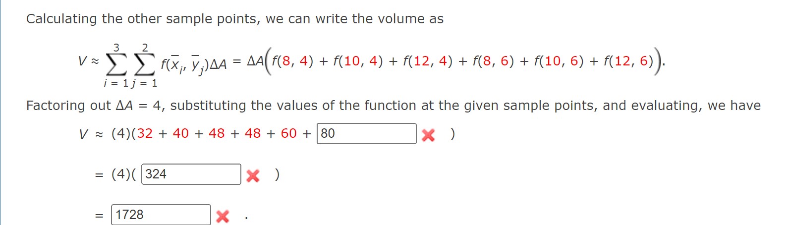  Calculating the other sample points, we can write the volume as