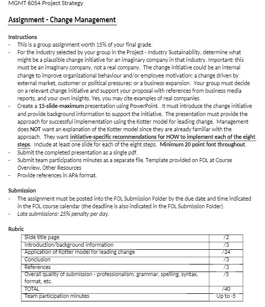  MGMT 6054 Project Strategy Assignment - Change Management Instructions This is