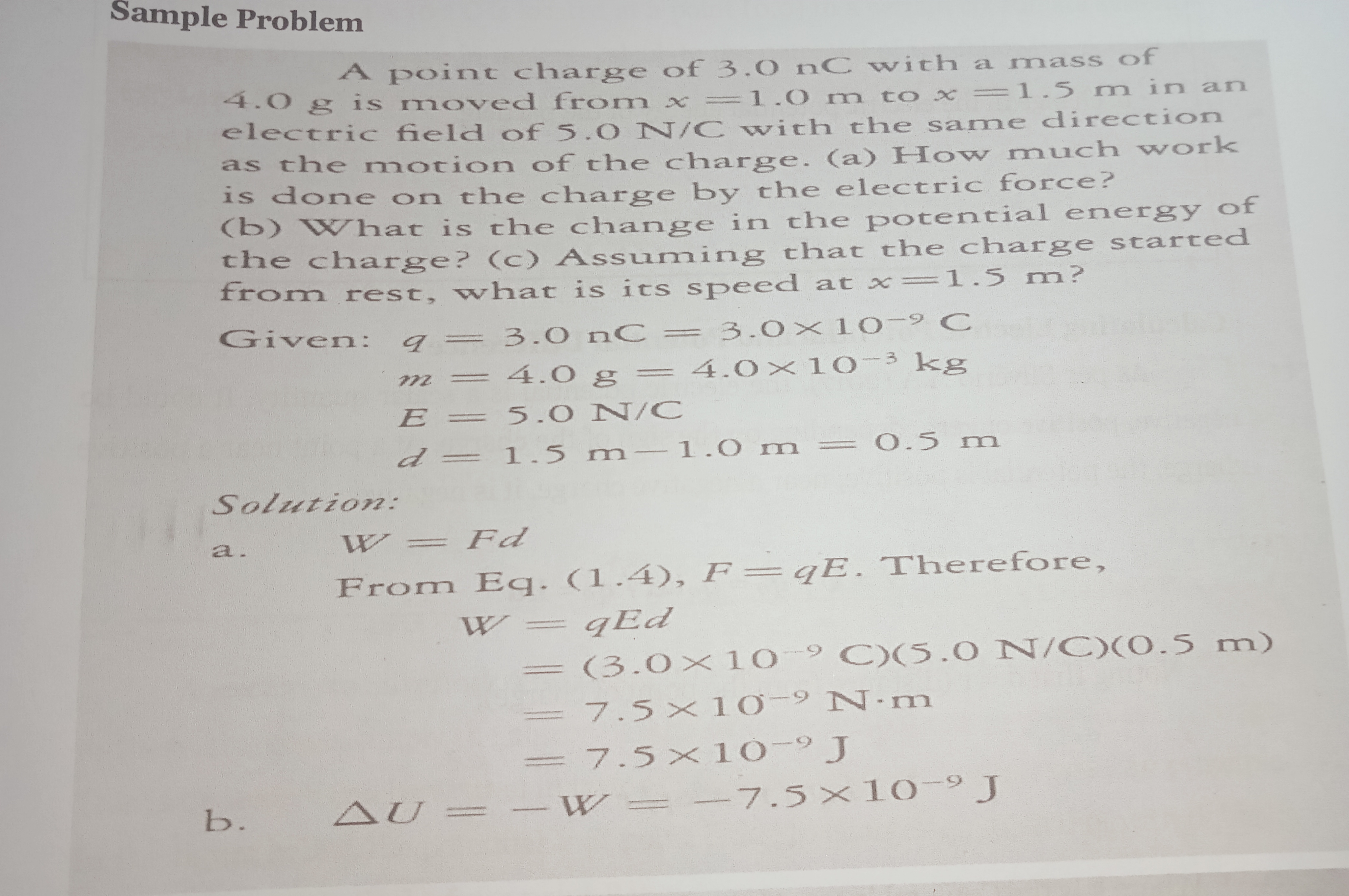 Topic: Electric Potential Energy in a Uniform Electric Field Sample Problem A