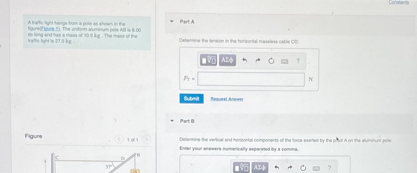 Constants A traffic light hangs from a pole as shown in