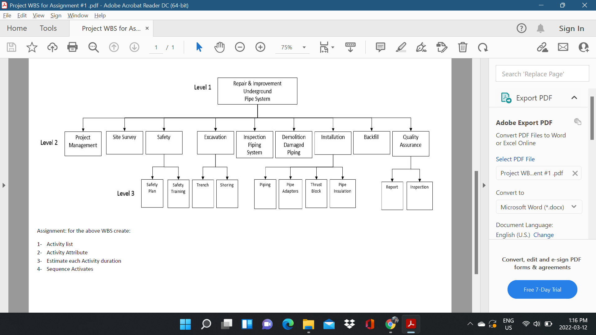 X & Project WBS for Assignment #1 .pdf - Adobe Acrobat