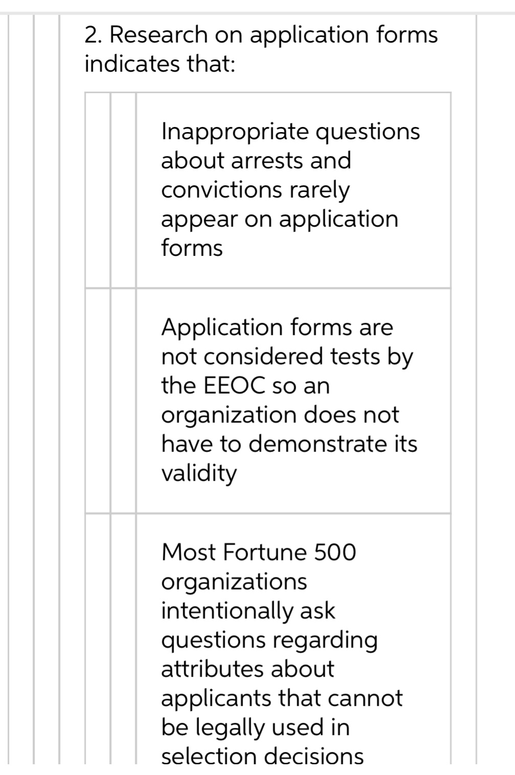  2. Research on application forms indicates that: Inappropriate questions about arrests