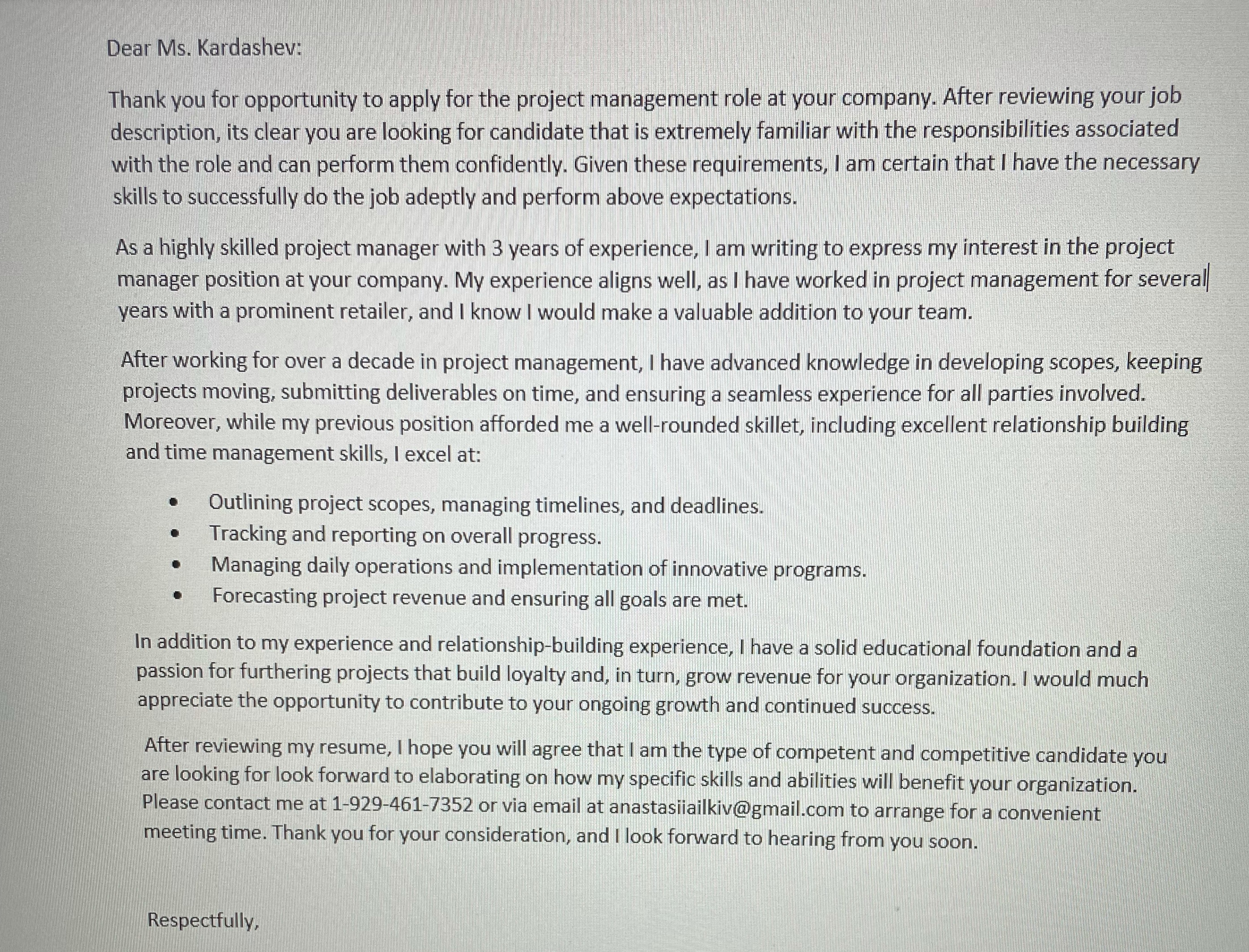 Please write resume letter based on this not real information and add