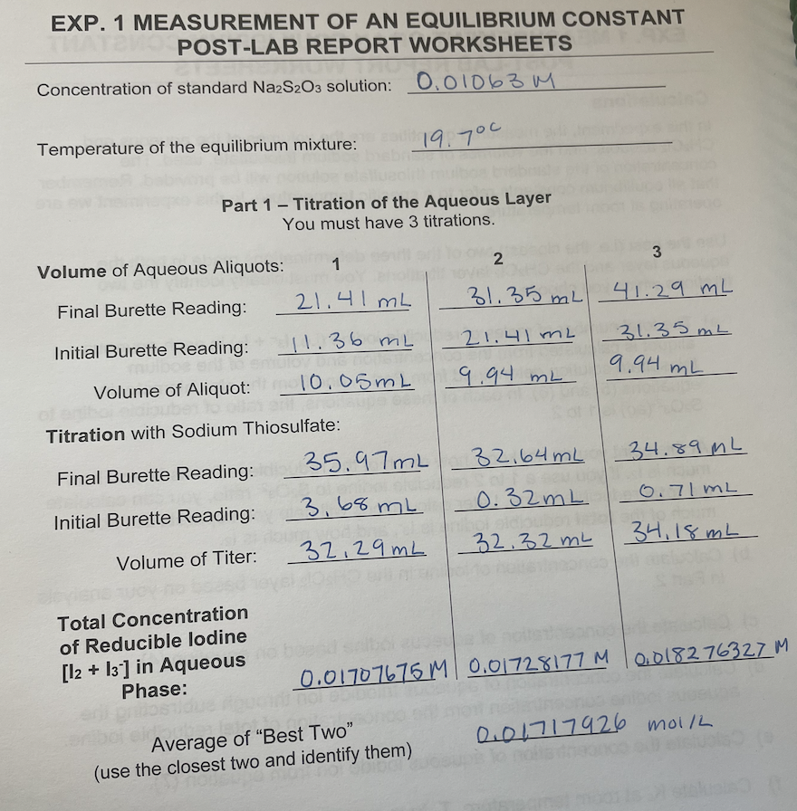 Using your own lab-obtained data, what was your calculated Kc in water?
