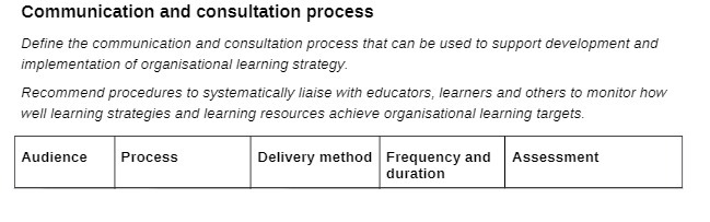 Communication and consultation process Define the communication and consultation process that