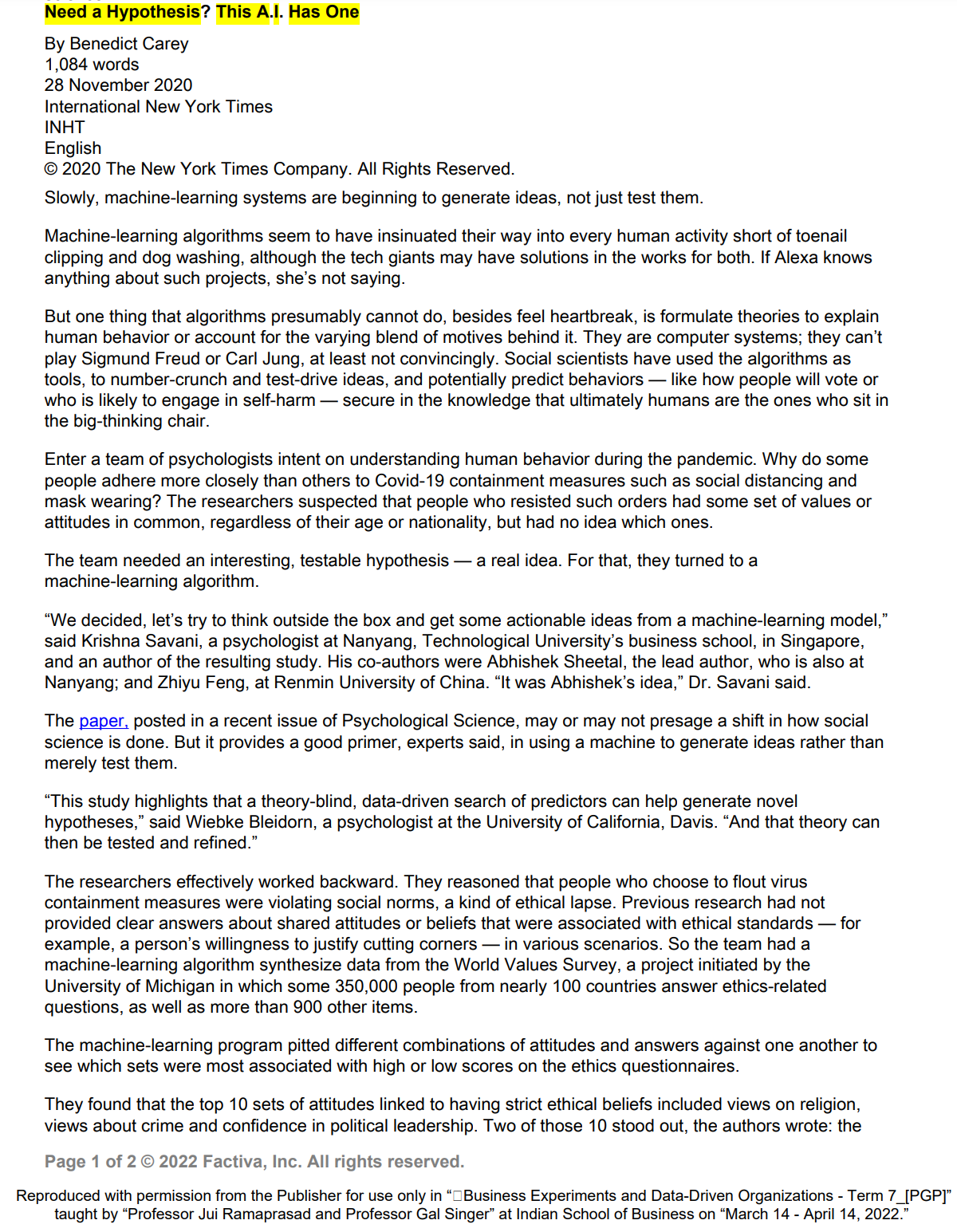 Please read the following article: https://www.nytimes.com/2020/11/24/science/artificialintelligence-ai-psychology.html.Answer the following questions, and submit on