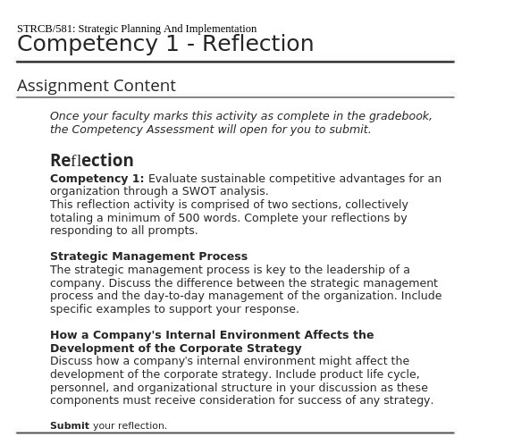 STRCB/581: Strategic Planning And Implementation Competency 1 - Reflection Assignment Content