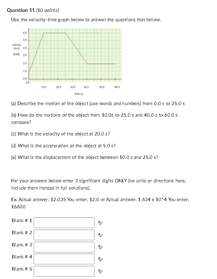  Question 11 (10 points) Use the velocity-time graph below to answer