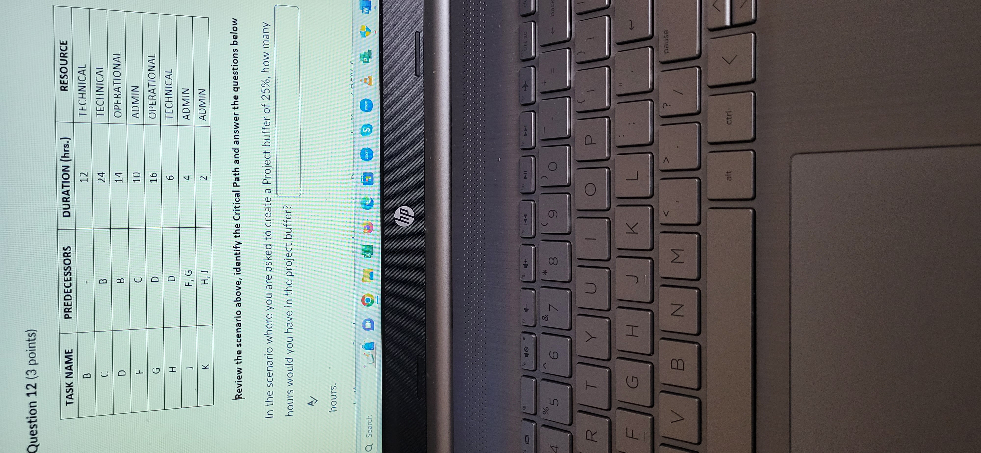 Question 12 (3 points) TASK NAME PREDECESSORS DURATION (hrs.) RESOURCE B