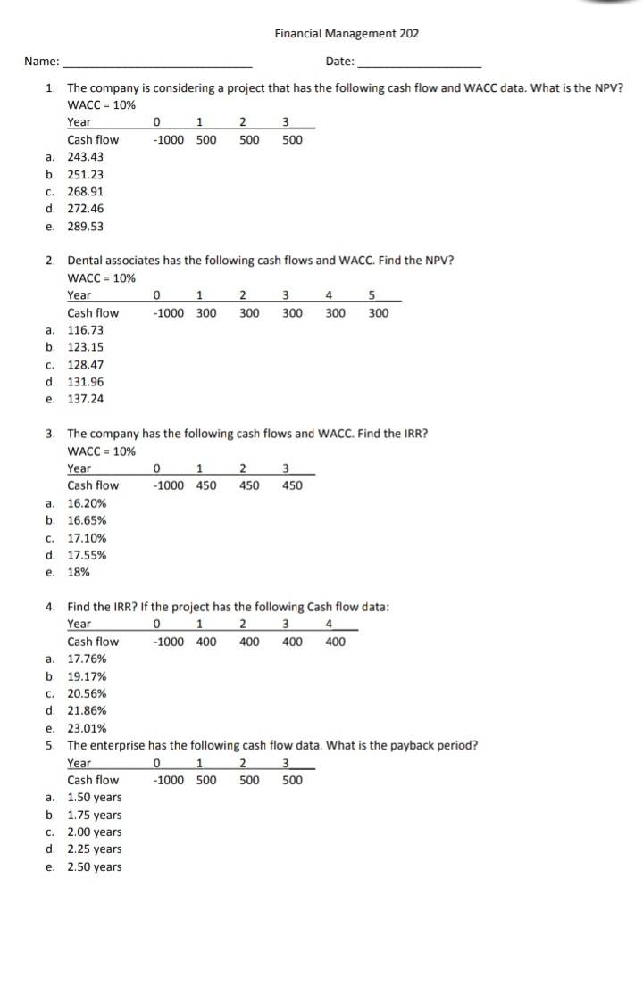 Answer the problem 1-10 and give the correct answer. Financial Management 202