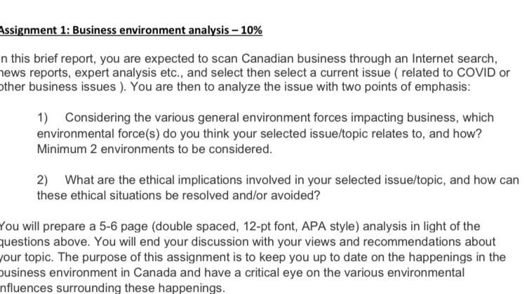  Assignment 1: Business environment analysis - 10% n this brief report,