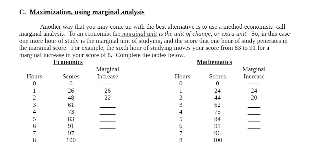 C. Maximization, using marginal analysis Another way that you may come