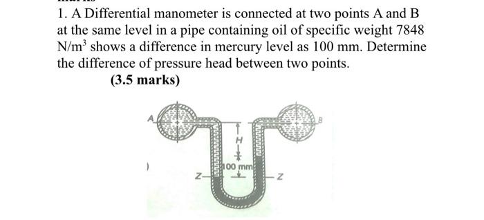  1. A Differential manometer is connected at two points A and