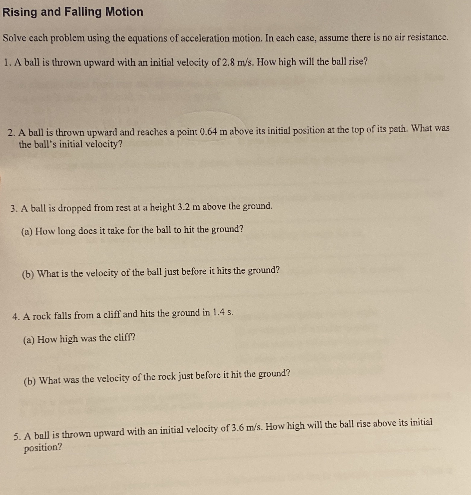  Rising and Falling Motion Solve each problem using the equations of