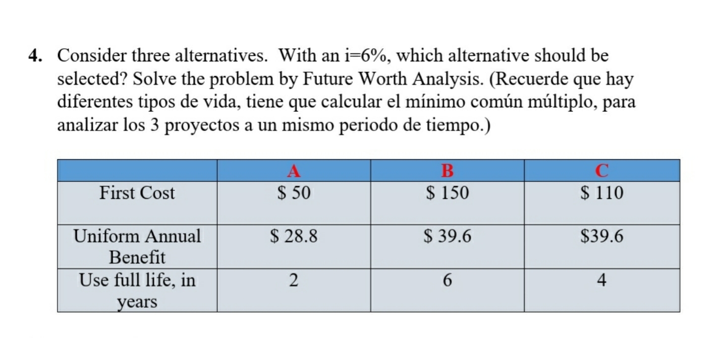 future whort analysis 4. Consider three alternatives. With an i=6%, which alternative