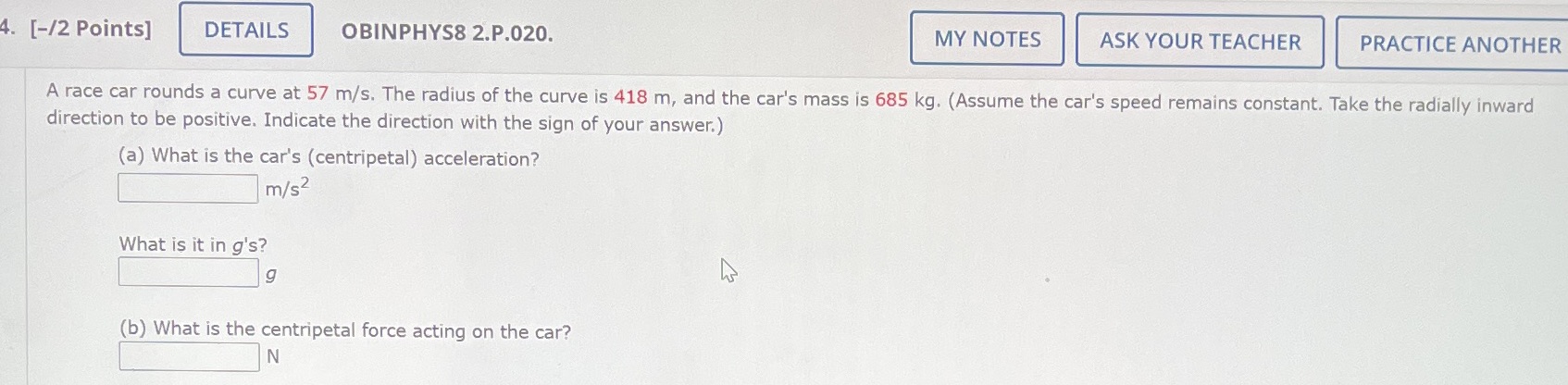  4. [-/2 Points] DETAILS OBINPHYS8 2.P.020. MY NOTES ASK YOUR TEACHER