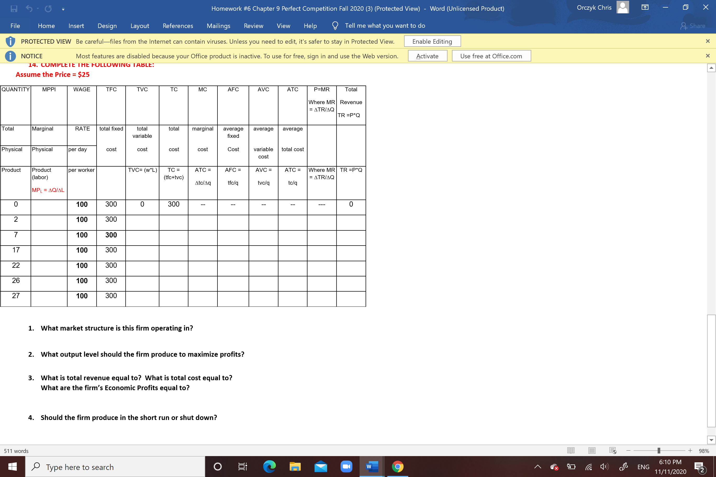  Homework #6 Chapter 9 Perfect Competition Fall 2020 (3) (Protected View)