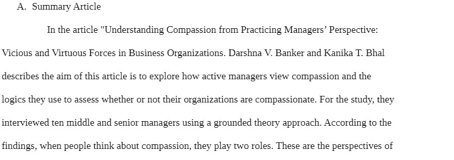 A. Summary Article In the article "Understanding Compassion from Practicing Managers'