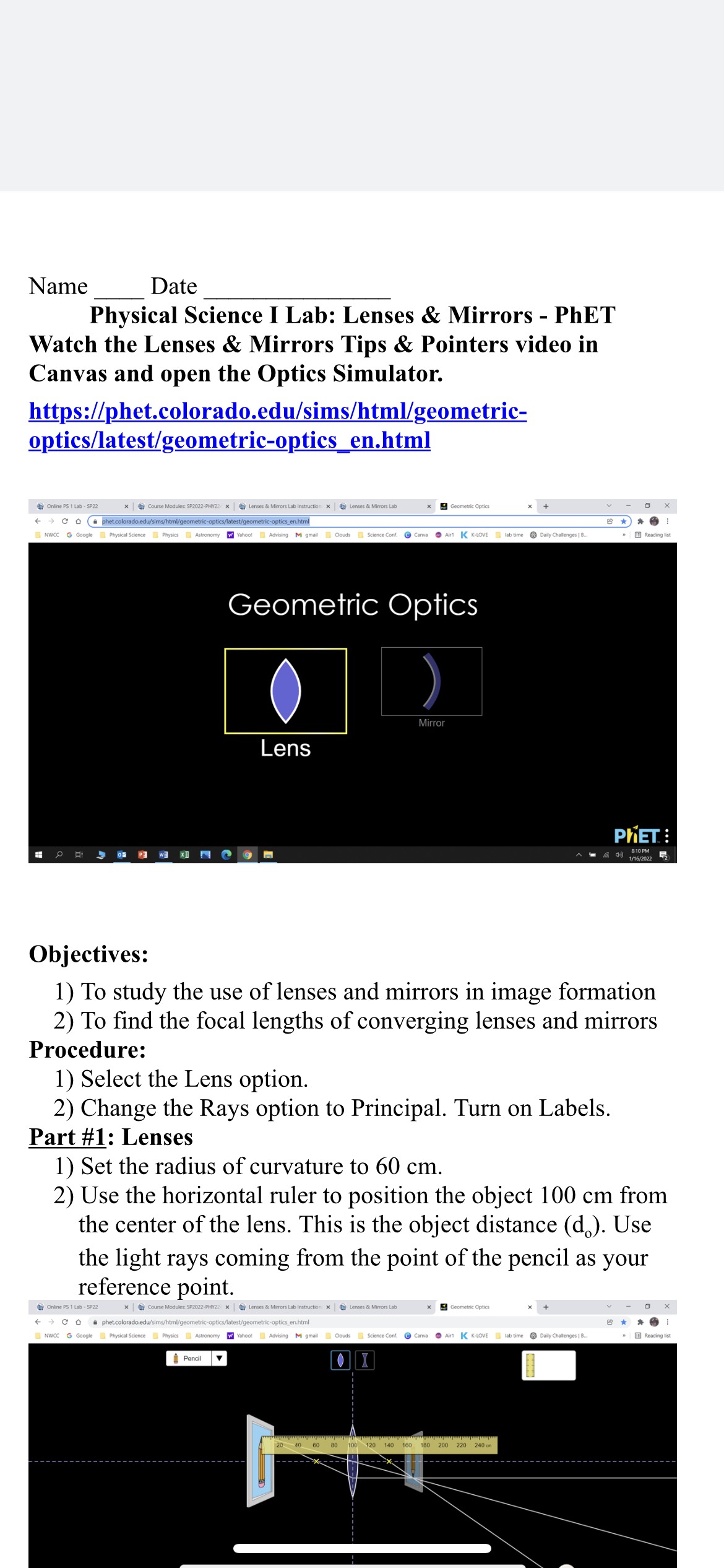  Name Date Physical Science I Lab: Lenses & Mirrors - PhET